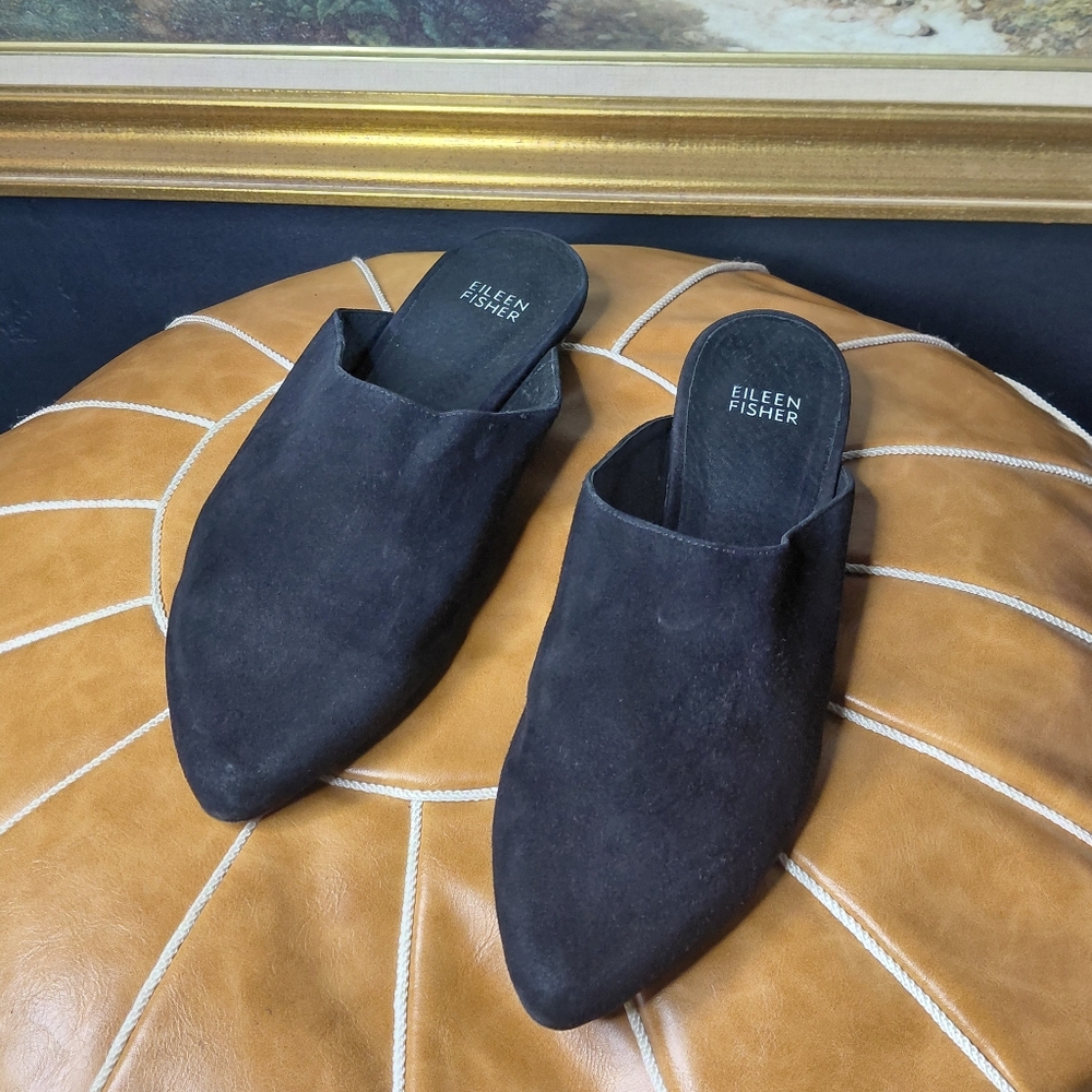 Eileen Fisher Dion Black Leather Pointed Toe Mules